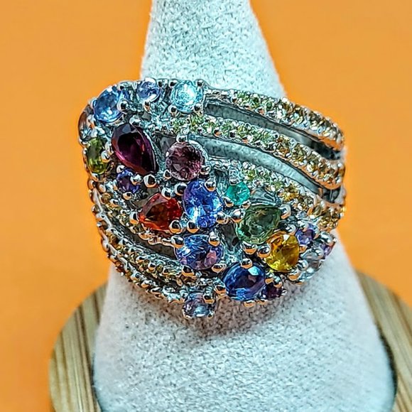 Natural Garnet, Emerald, Tanzanite 925 Sterling Silver Ring Sz 7.5 - Picture 6 of 9